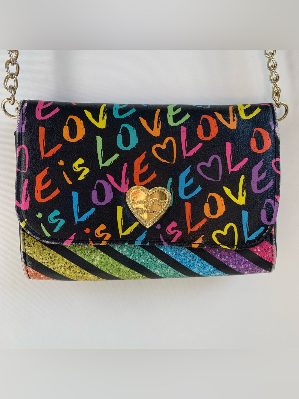 Betsey Johnson Luv Love is Love rainbow sparkle crossbody purse clutch handbag